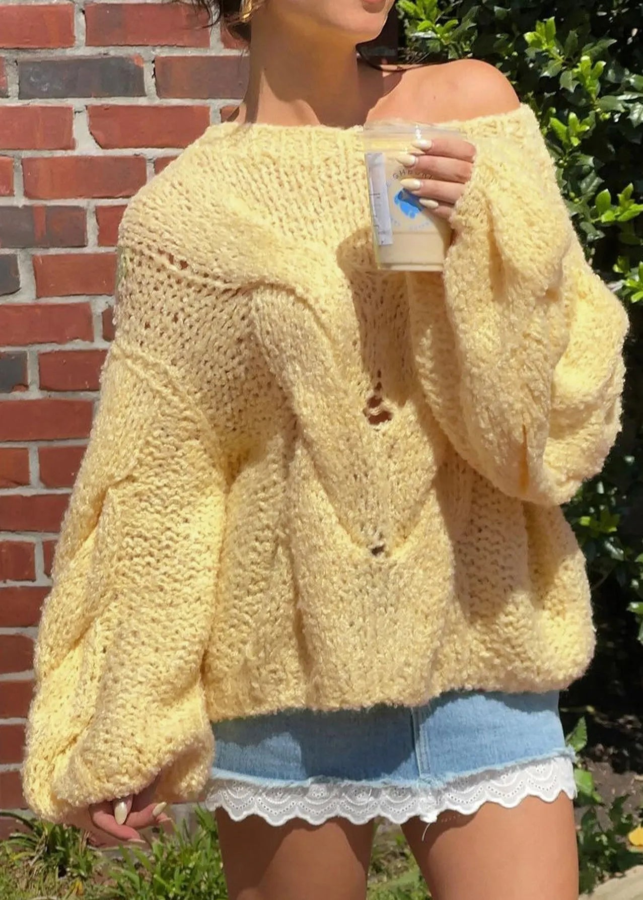 Handmade Yellow O Neck Knit Sweater Tops Lantern Sleeve