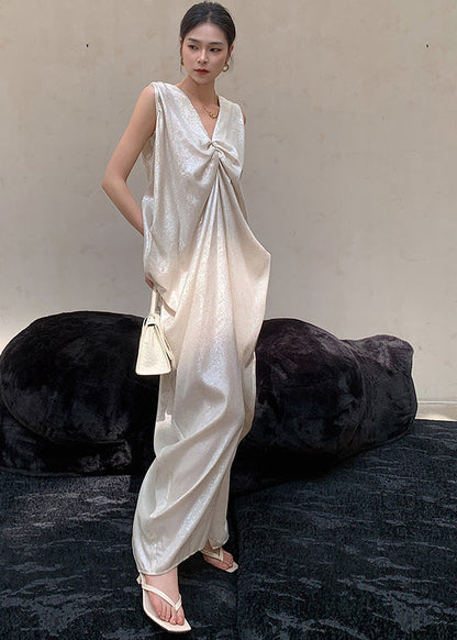 Silvery White V Neck Silk Maxi Dresses Sleeveless