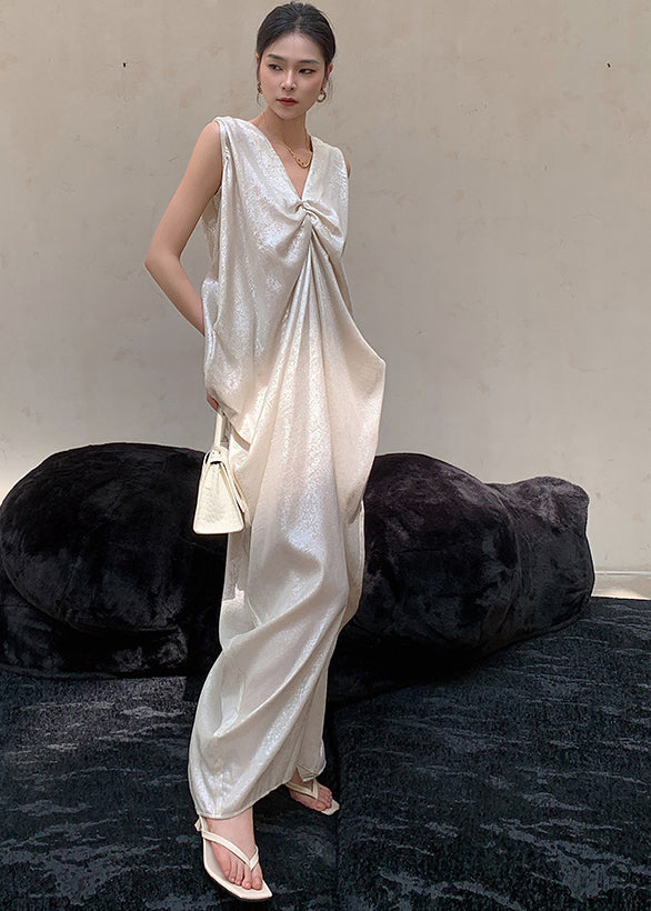 Silvery White V Neck Silk Maxi Dresses Sleeveless