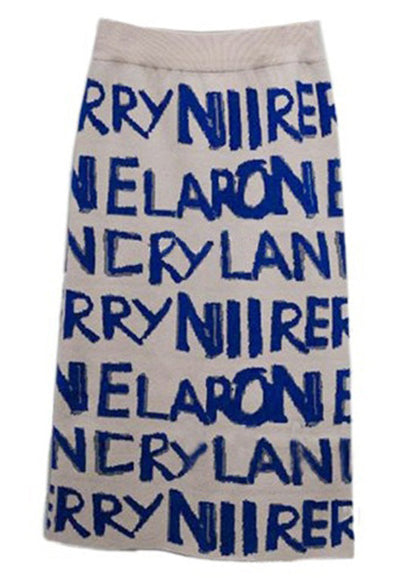 Blue Letter Print Back Side Open Knit Skirts Spring