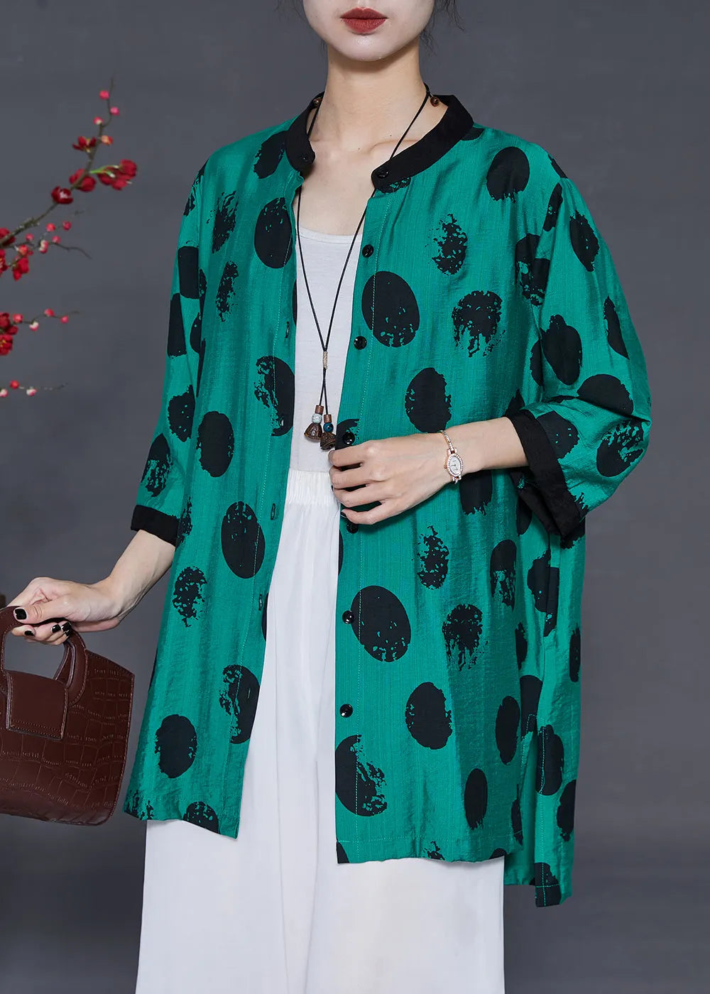 Green Oversized Print Linen Silk Long Shirt Summer
