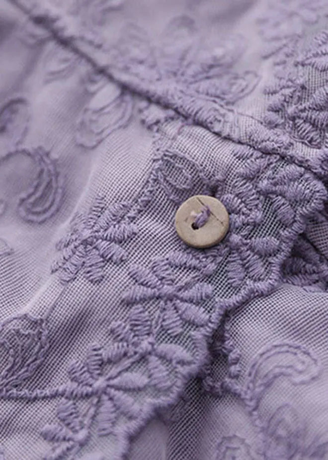 Boutique Purple V Neck Embroidered Patchwork Lace Top Long Sleeve
