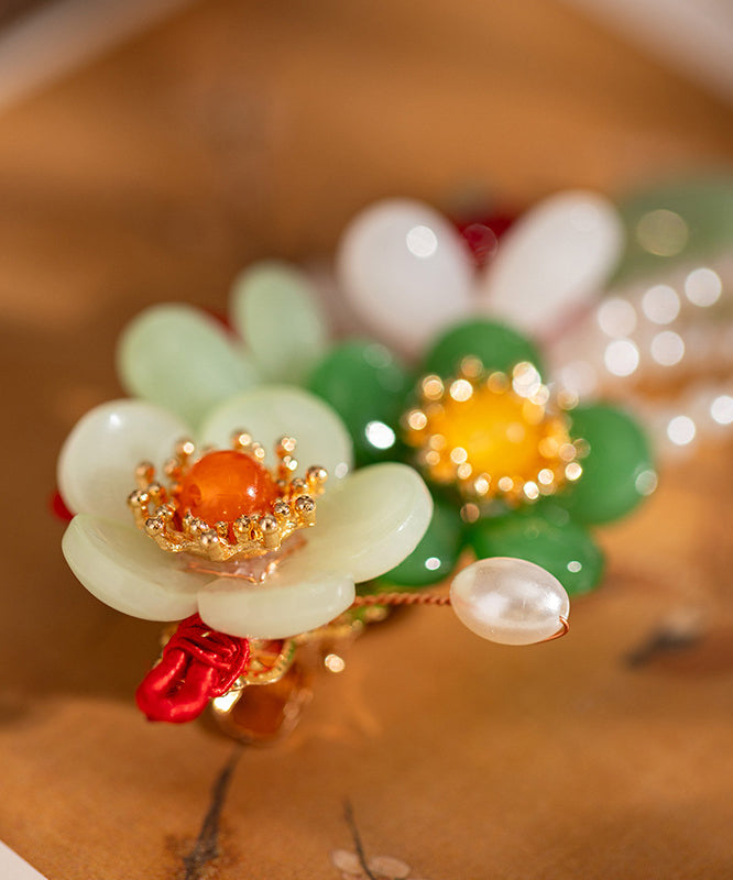 Retro Multicolor Alloy Jade Pearl Tassel Hairpin