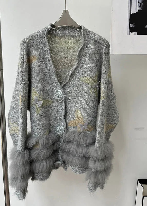 Modern Light Grey V Neck Fur Cotton Knit Cardigans Spring