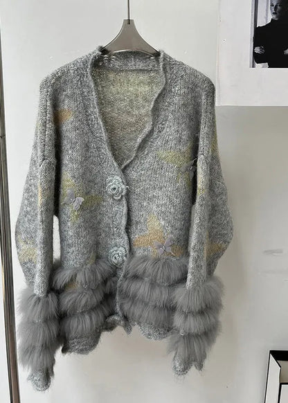 Modern Light Grey V Neck Fur Cotton Knit Cardigans Spring