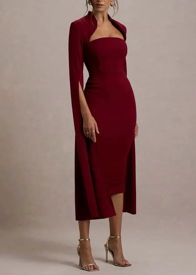New Wine Red Long Sleeved Slit Ribbon Dress Hollowed Out