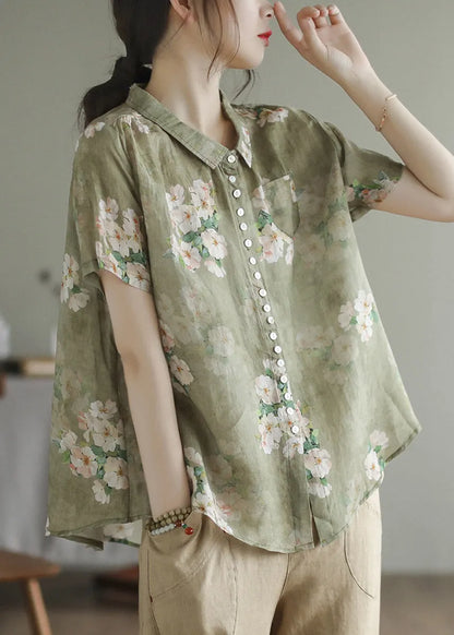 Peter Pan Collar Print Button Low High Design Linen Shirts Short Sleeve