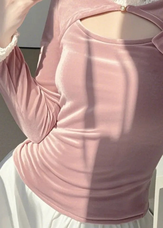 Pink O-neck Asymmetrical Silk Velour Tops Spring