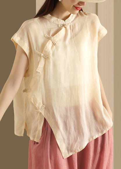 Handmade Green Stand Collar Button Linen Top Summer