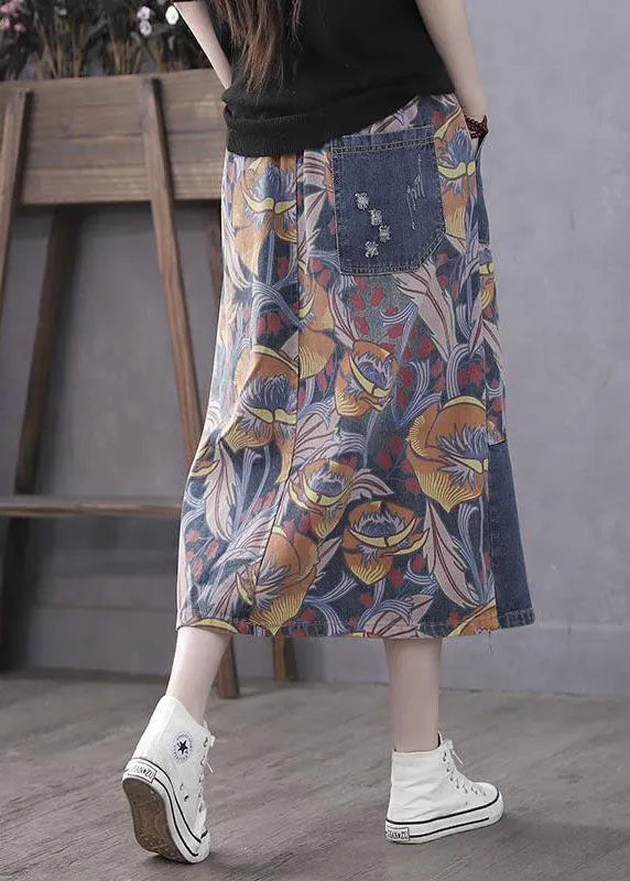 Blue Pockets Print Patchwork Elastic Waist Denim Skirt Spring