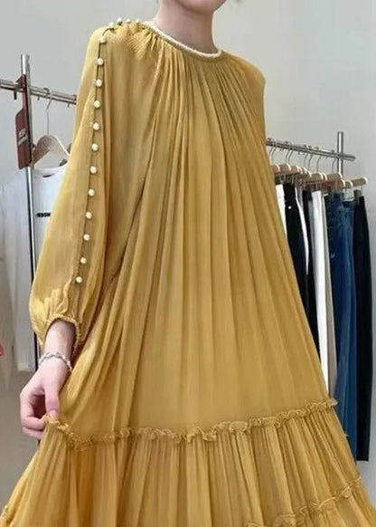 Diy Yellow O-neck Nail Bead Ruffled Silk Dress Long Sleeve