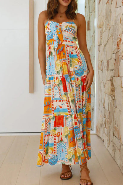 Vacation Fruit Printing With Bow Printed Dresses