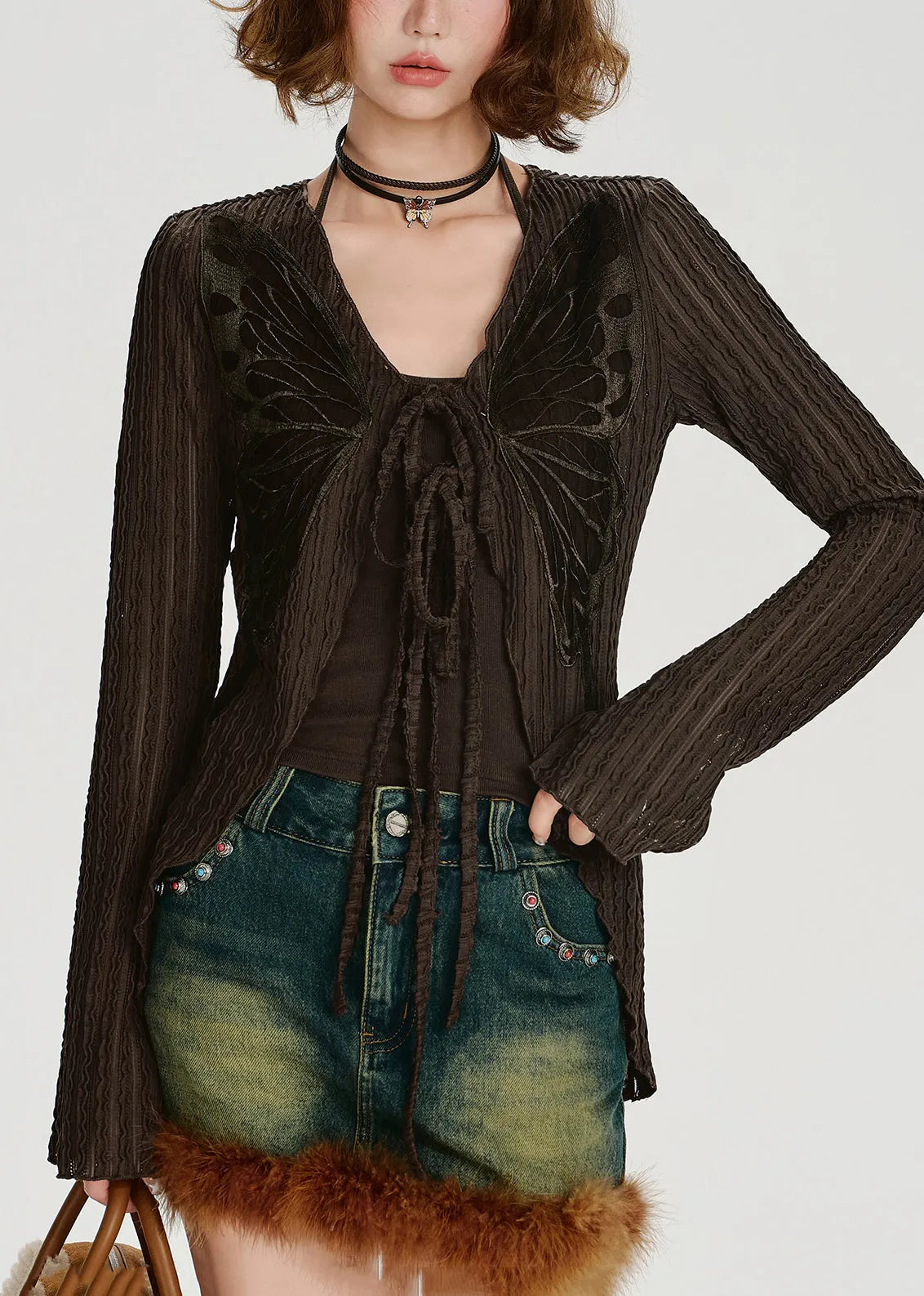 Style Chocolate Lace Up Butterfly Cotton Cardigans Spring