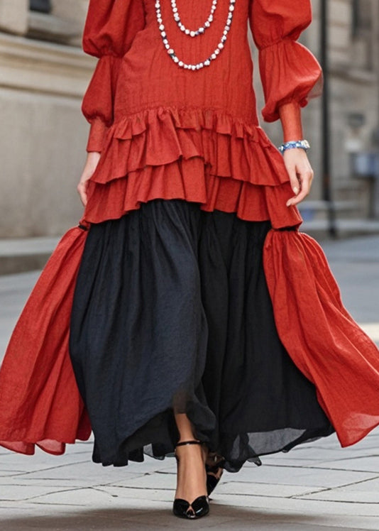 Red Ruffled Patchwork Cotton Vacation Dresses Lantern Sleeve