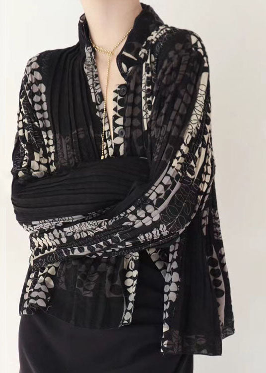 Black Wrinkled Patchwork Tulle Blouse Tops Fall