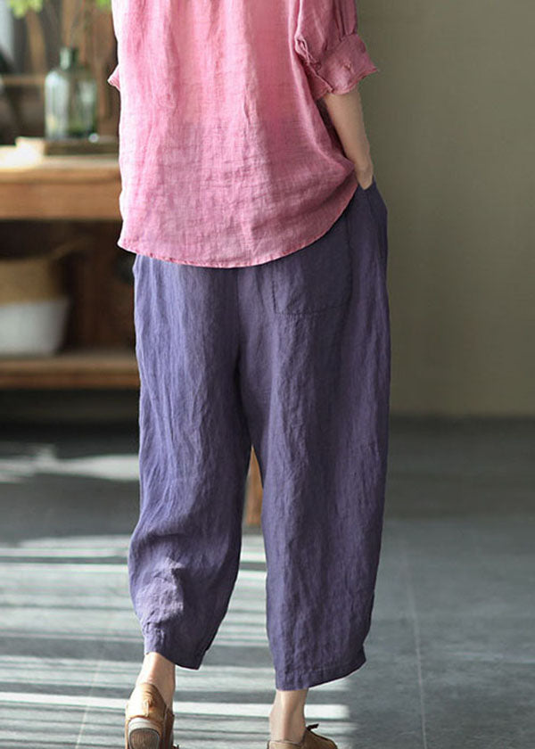 Purple Linen Beam Pants Elastic Waist Wrinkled Summer