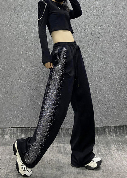 Black Pockets Zircon Elastic Waist Cotton Pants Fall