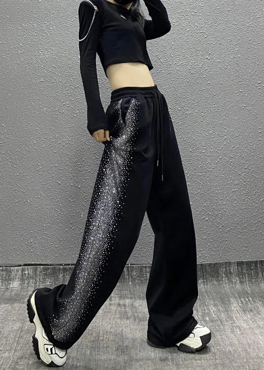 Black Pockets Zircon Elastic Waist Cotton Pants Fall