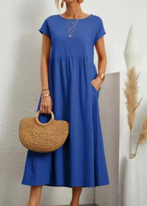 Loose Wine Red O Neck Pockets Cotton Long Dresses Summer
