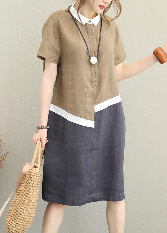 Unique Khaki Linen Dress Lapel Patchwork Cotton Dress