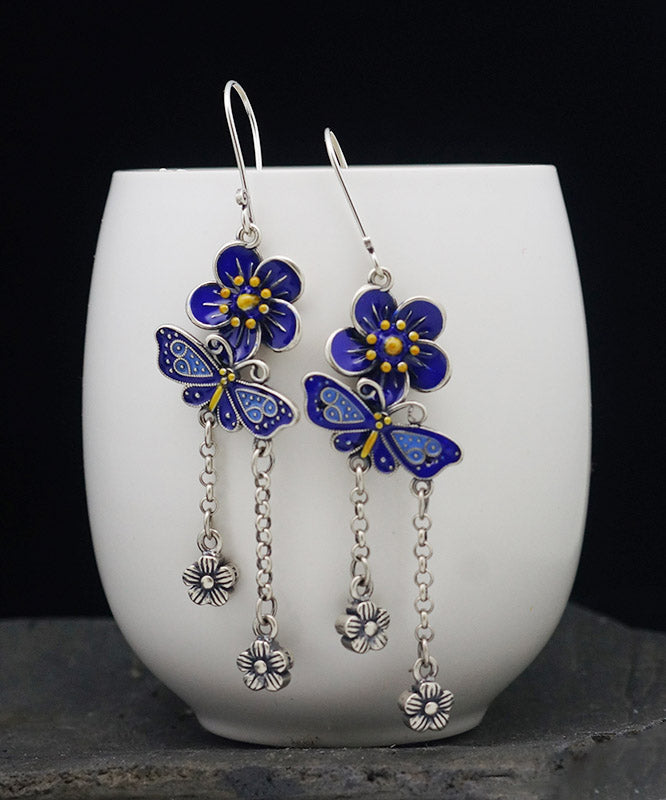 Diy Blue Sterling Silver Butterfly Tassel Drop Earrings