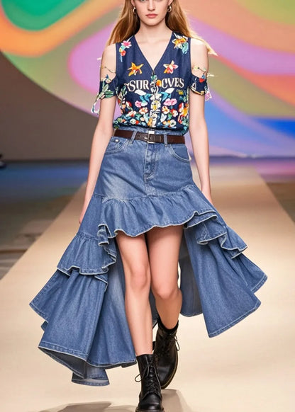 Blue Ruffles Low High Design Denim Holiday Skirts Spring