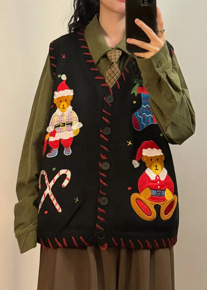 Loose Black V Neck Character Button Knit Waistcoat Sleeveless