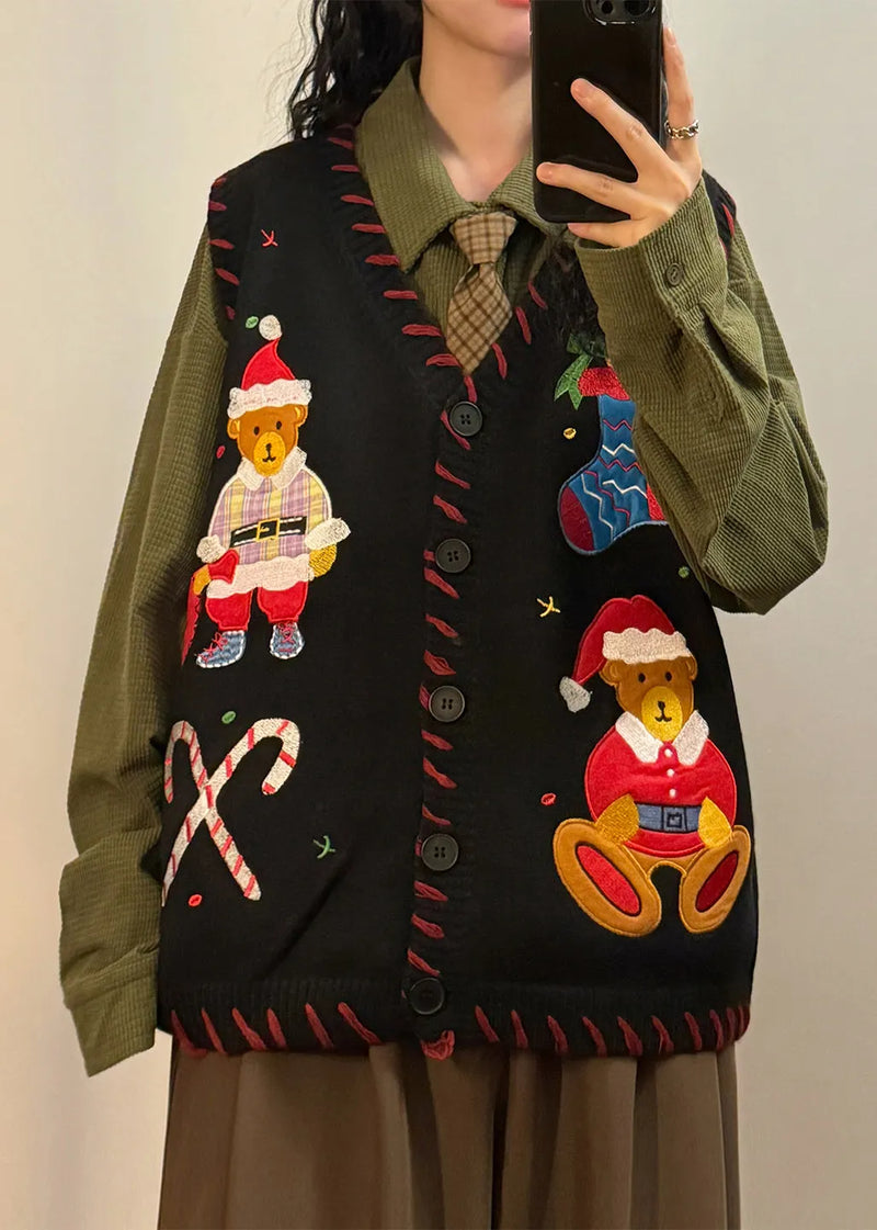 Loose Black V Neck Character Button Knit Waistcoat Sleeveless