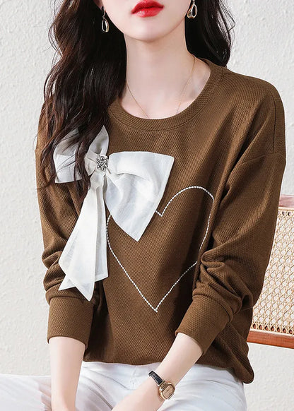 Stylish Coffee O Neck Bow Cotton Sweatshirt Spring