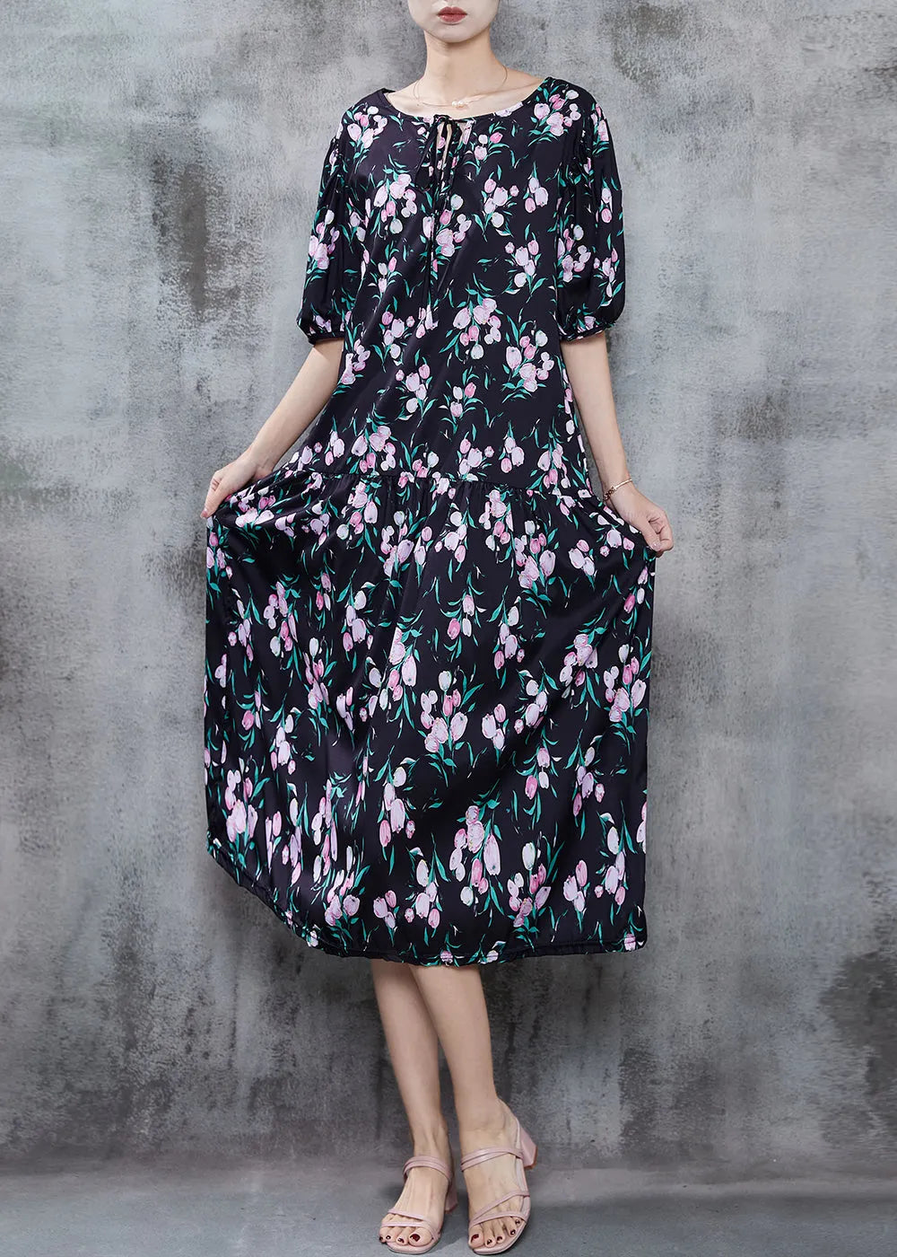 Black Oversized Print Chiffon Holiday Dress Summer