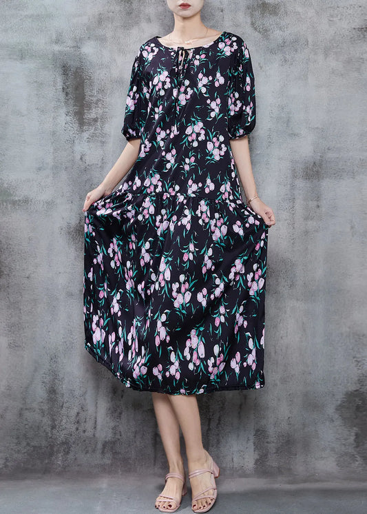 Black Oversized Print Chiffon Holiday Dress Summer