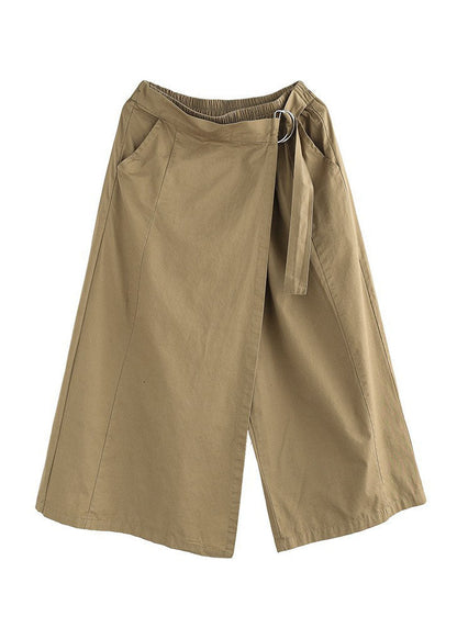 Khaki Cotton Wide Leg Pants Elastic Waist Asymmetrical Summer