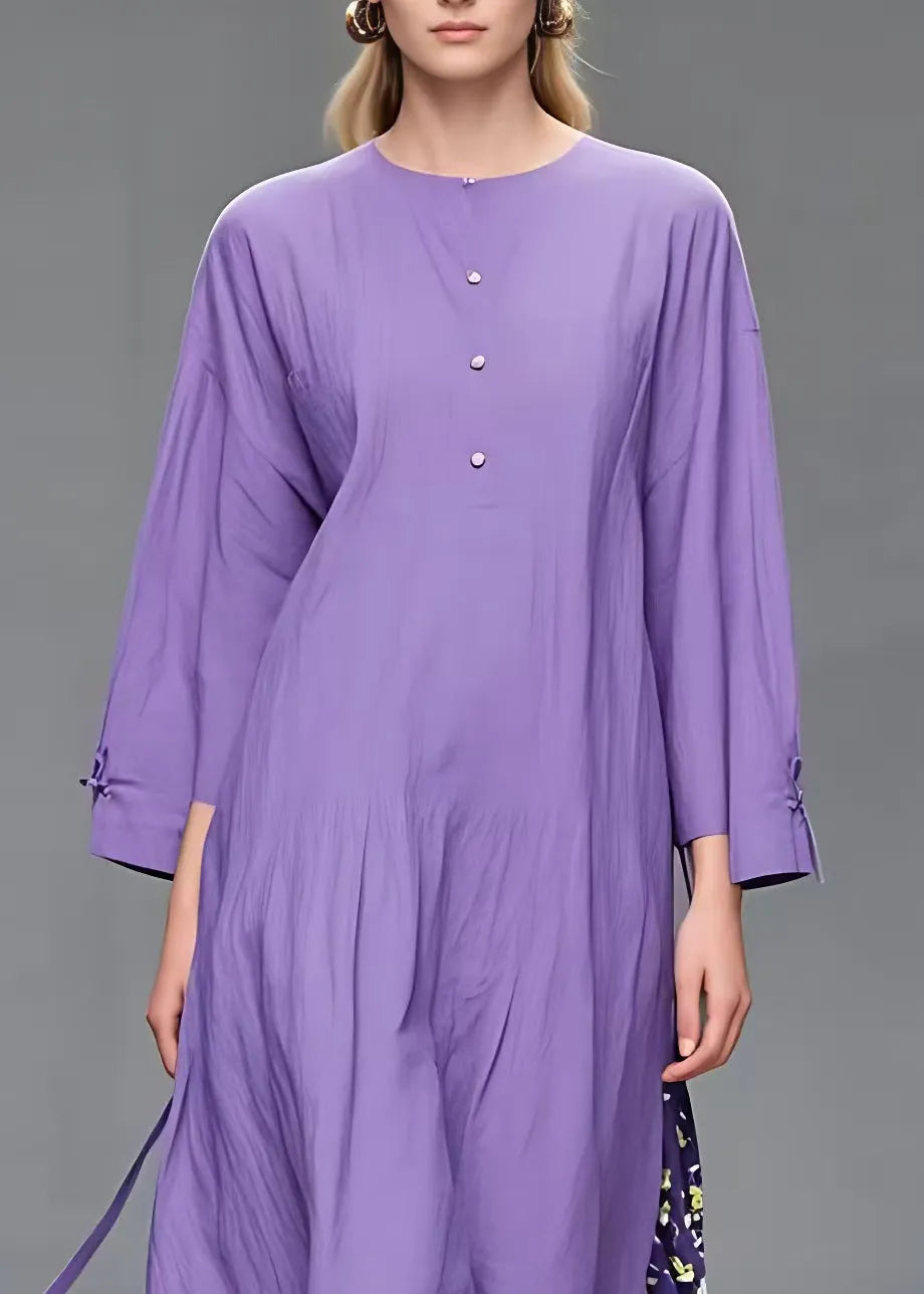 Simple Purple O-neck Print Patchwork Long Dress Fall