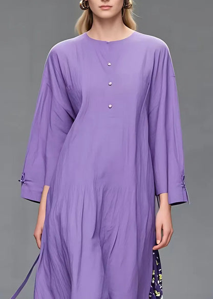 Simple Purple O-neck Print Patchwork Long Dress Fall