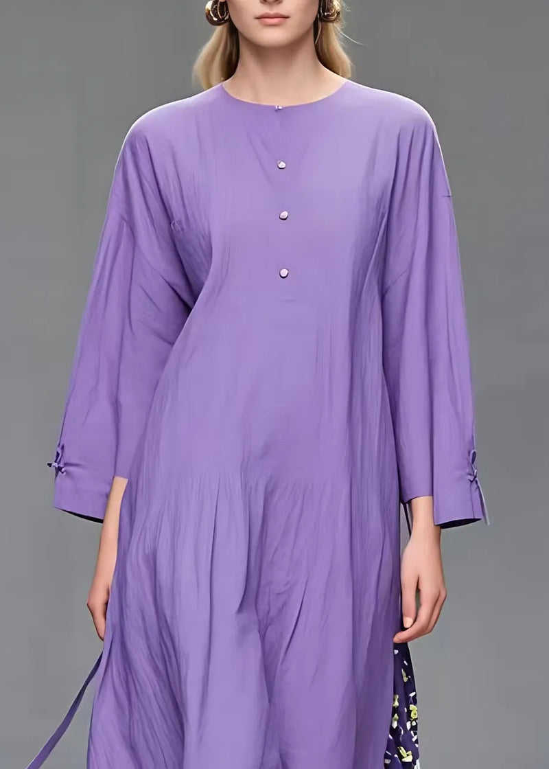 Simple Purple O-neck Print Patchwork Long Dress Fall