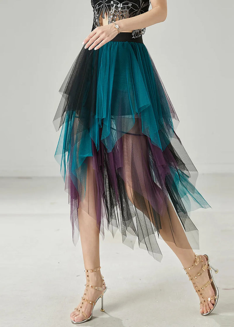 Gradient Blue Asymmetrical Tulle Skirt Summer