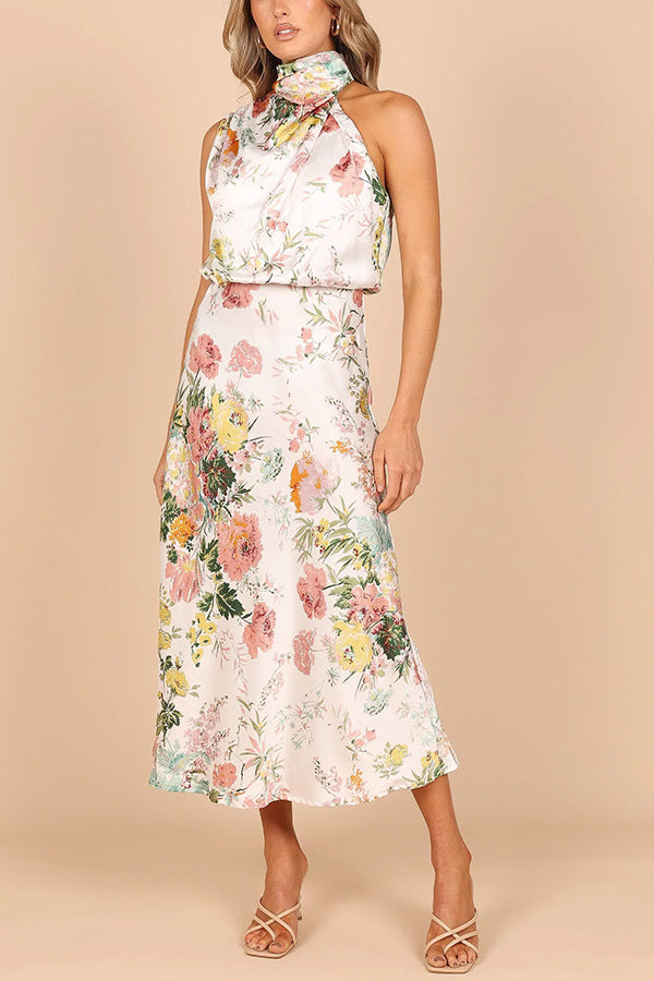 Wine Country Dates Halter Neck Elastic Waist Party Midi Dress