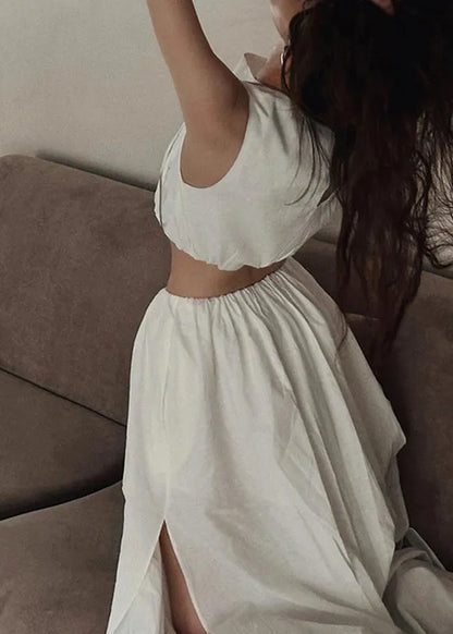 Brief White O-neck Vest and Side Open Maxi Skirts Two Piece Set Summer
