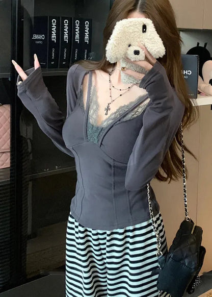Grey Patchwork Lace Halter Tops Spring