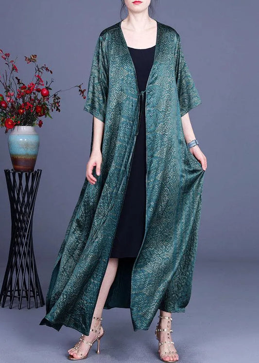 Diy Green Print Side Open Chiffon Loose Long Cardigans