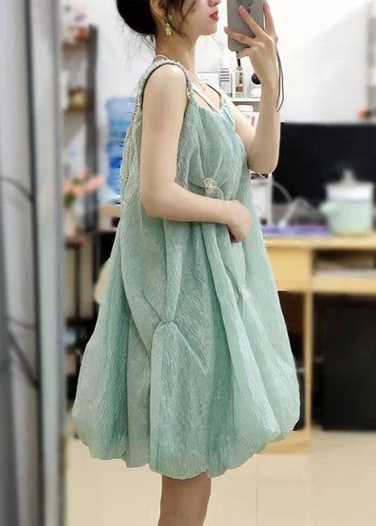Green Square Collar Original Design Cotton Spaghetti Strap Dress Sleeveless