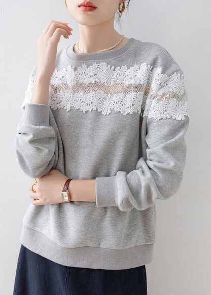 Grey O Neck Lace Patchwork Cotton Sweatshirt Spring