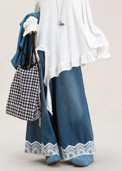 Blue Oversized Patchwork Lace Denim Wide Leg Pants Spring