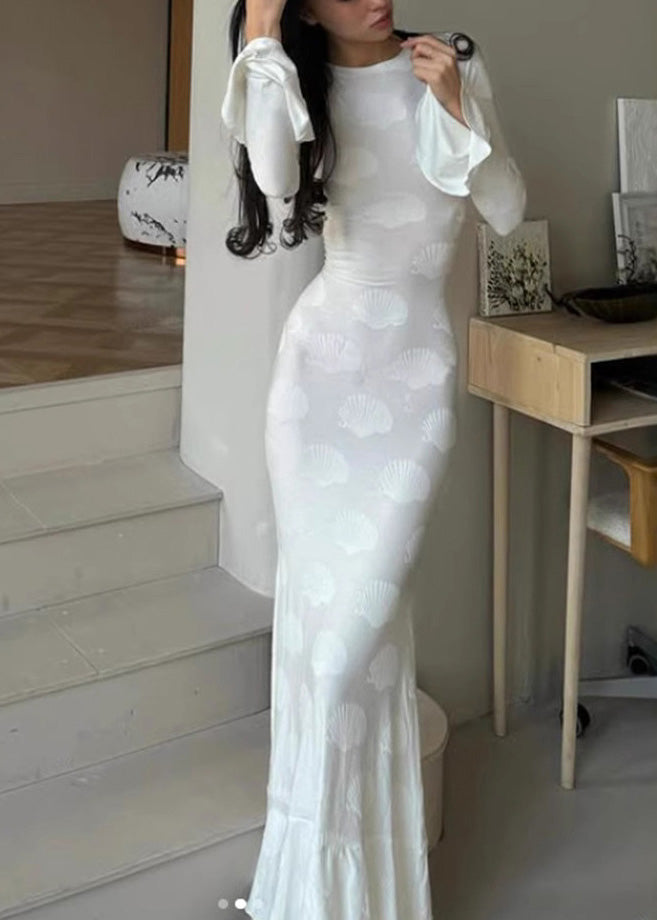 White O Neck Backless Lace Up Silk Dress Flare Sleeve