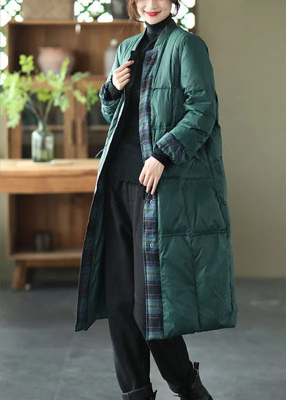 Green Stand Collar Button Pockets Patchwork Winter Down Coat