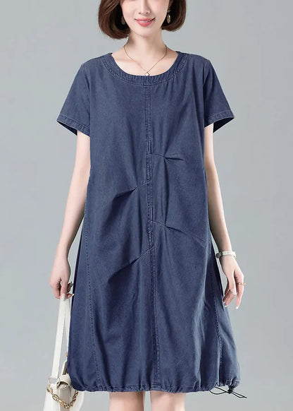 Navy Ruffled Drawstring Denim Dresses Summer