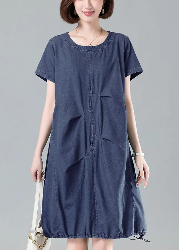 Navy Ruffled Drawstring Denim Dresses Summer