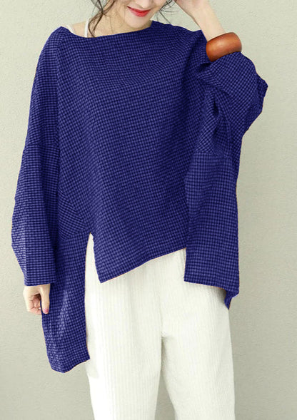 Asymmetric Cotton Fine Work Black Brown Plaid Oversized Tops