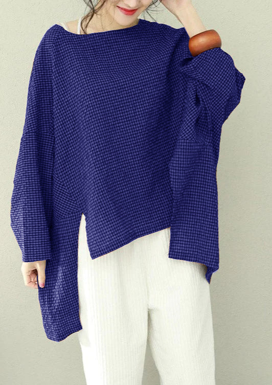 Asymmetric Cotton Fine Work Black Brown Plaid Oversized Tops