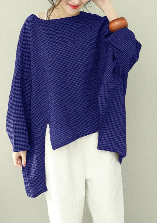 Asymmetric Cotton Fine Work Black Brown Plaid Oversized Tops